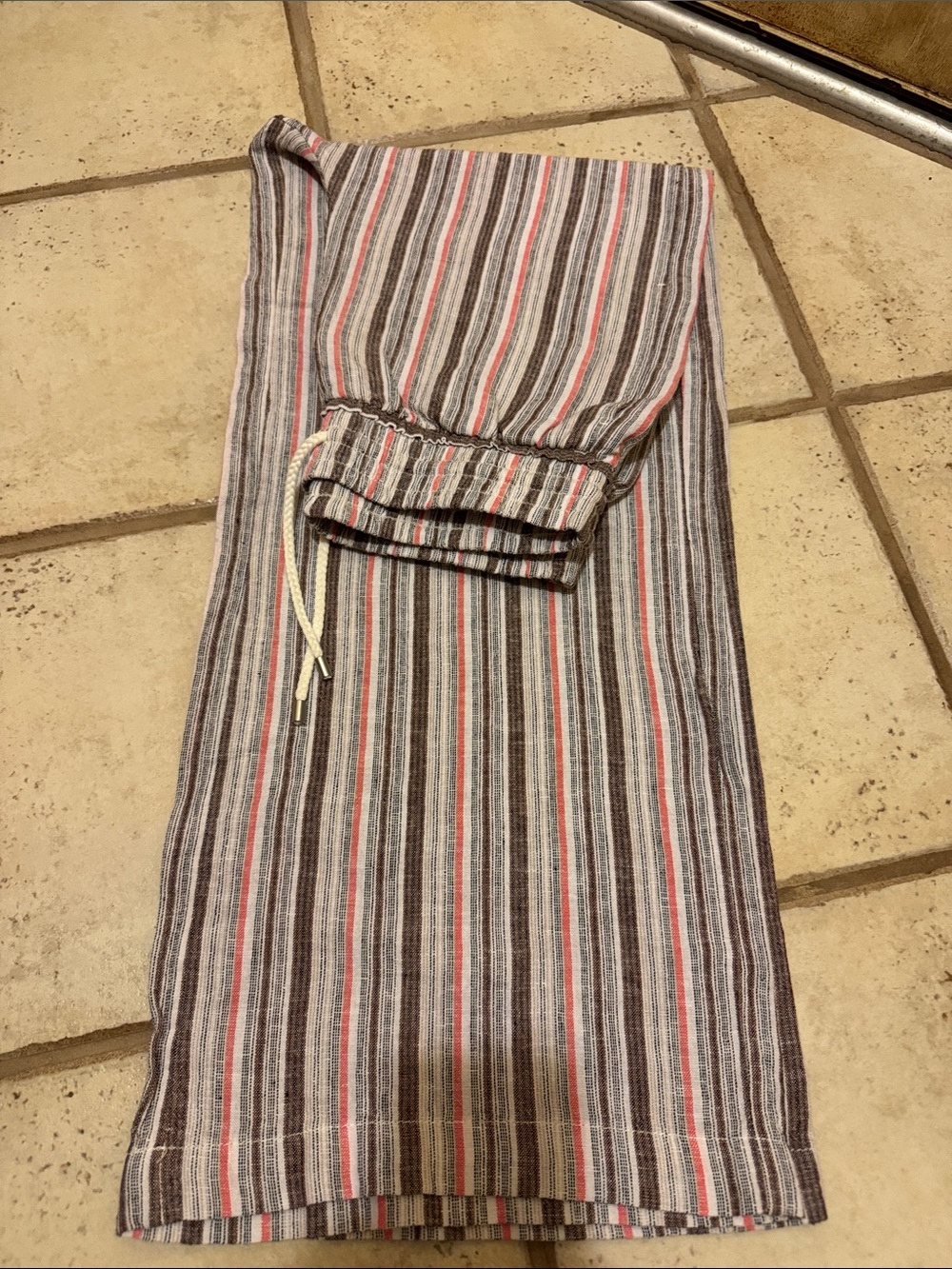 Time and Tru Striped Wide-Leg Drawstring Pants in Gray, Brown & Coral